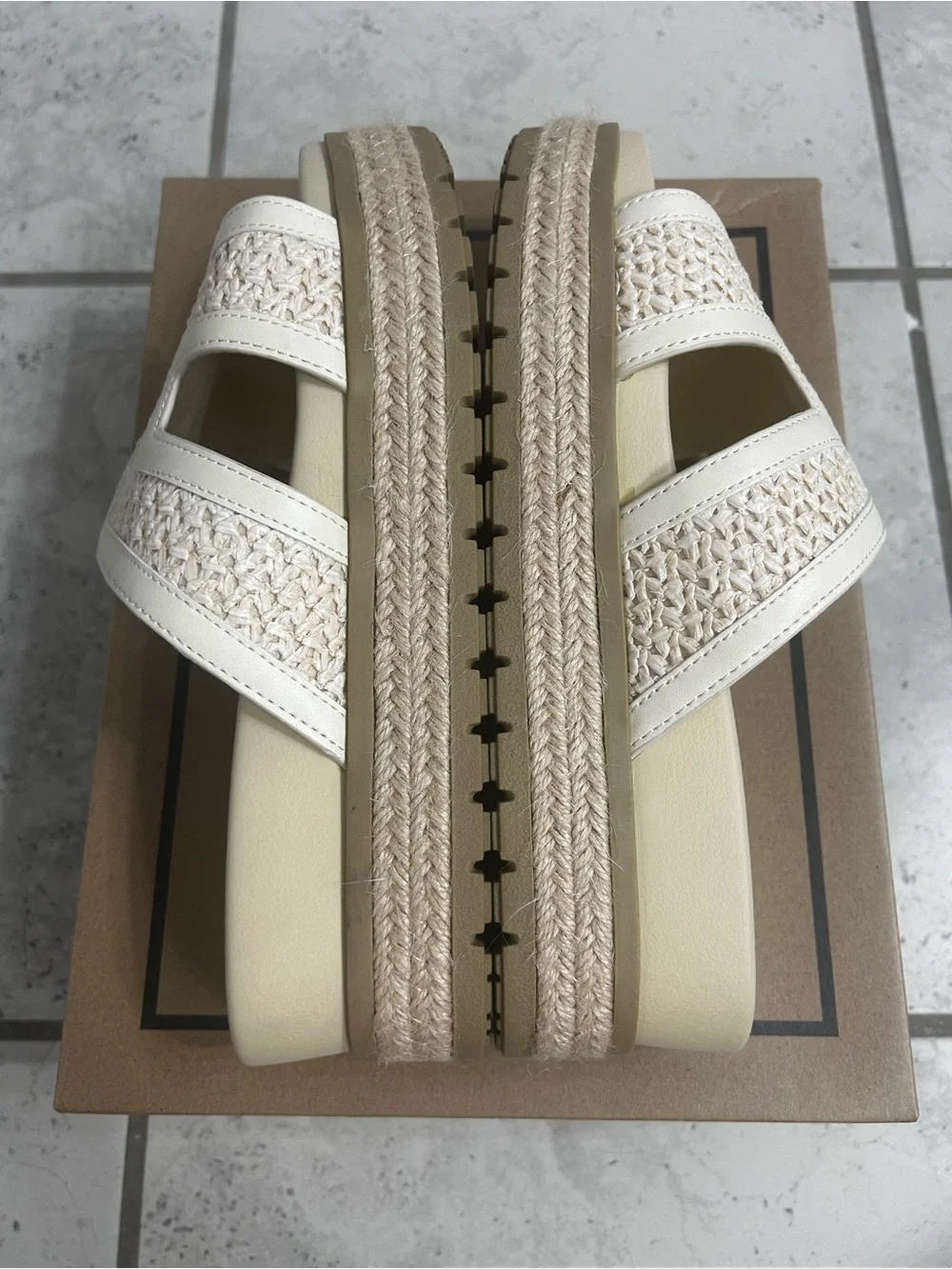 MIA Cream Woven Raffia Espadrille H Band Platform Slide